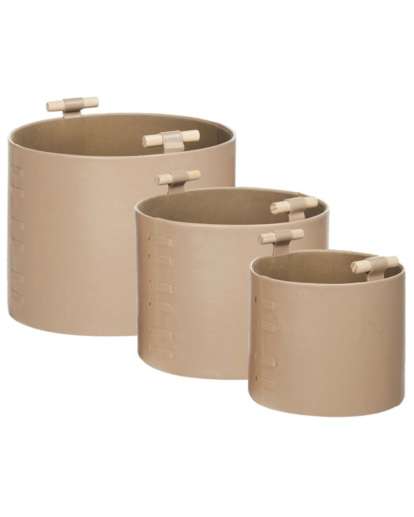 Set di 3 cesti portaoggetti fatti a mano con manici in ecopelle beige