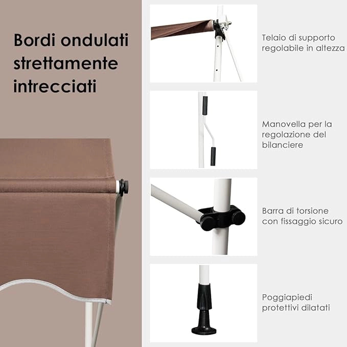 Tenda da Sole per Esterno, Tenda da Sole a Morsetto per Balcone con Struttura Telescopica e Tessuto Resistene ai Raggi Solari, Regolabile in Altezza e in Angolazione (350 cm,Marrone)