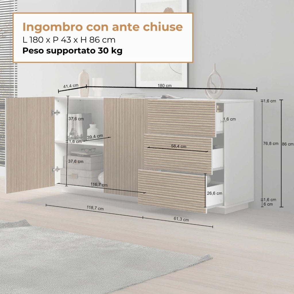 WHOUS Credenza Coste a 2 ante e 3 cassetti bianco opaco e legno chiaro 180x43x86 cm