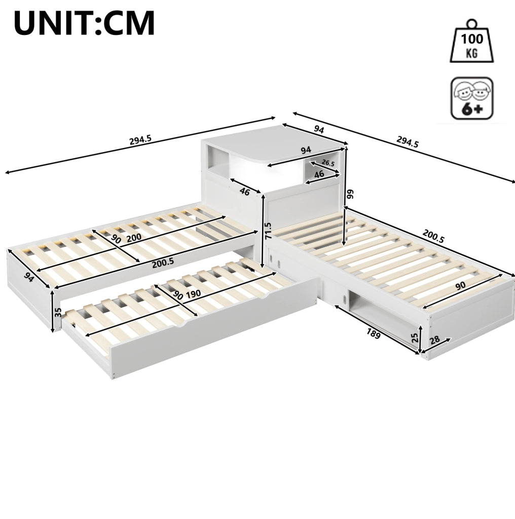 Letto singolo 90x200 con letto estraibile, vano con ante scorrevoli e luce LED