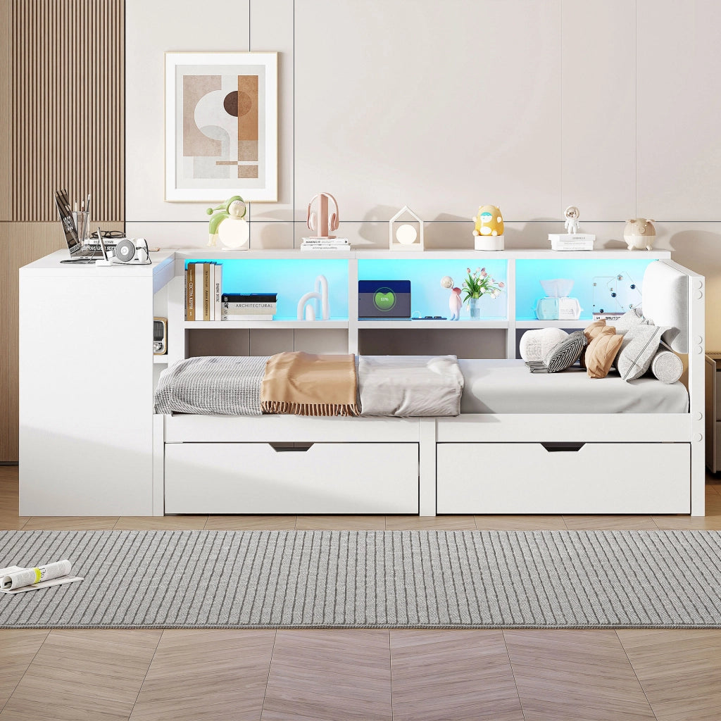 LETTO a piattaforma 90x200 cm bianco con testiera imbottita, ripiani, cassetti, USB e LED
