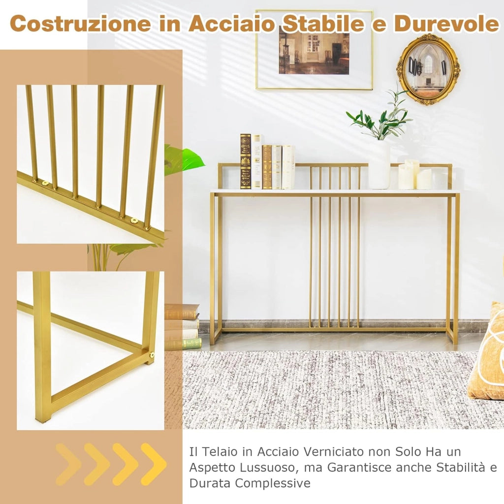 Tavolo Consolle 120 cm, Tavolo d’Ingresso con Piano Effetto Marmorino e Sponda, Consolle con Struttura in Metallo Dorato per Salotto, Corridoio e Ingresso (Bianco)
