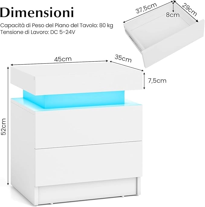 Tavolino da Salotto con 2 Cassetti e Luci a LED, Tavolino Moderno con Finitura Lucida Effetto Marmo, Comodino per Camera da Letto e Soggiorno, 45 x 35 x 52 cm (Bianco)