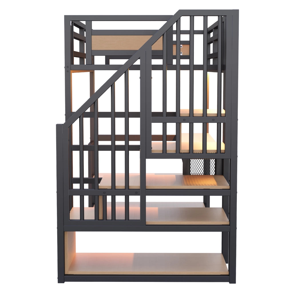 Letto a soppalco in metallo 90x200 cm con scrivania, ripiani, scala contenitore e sponde di sicurezza, nero