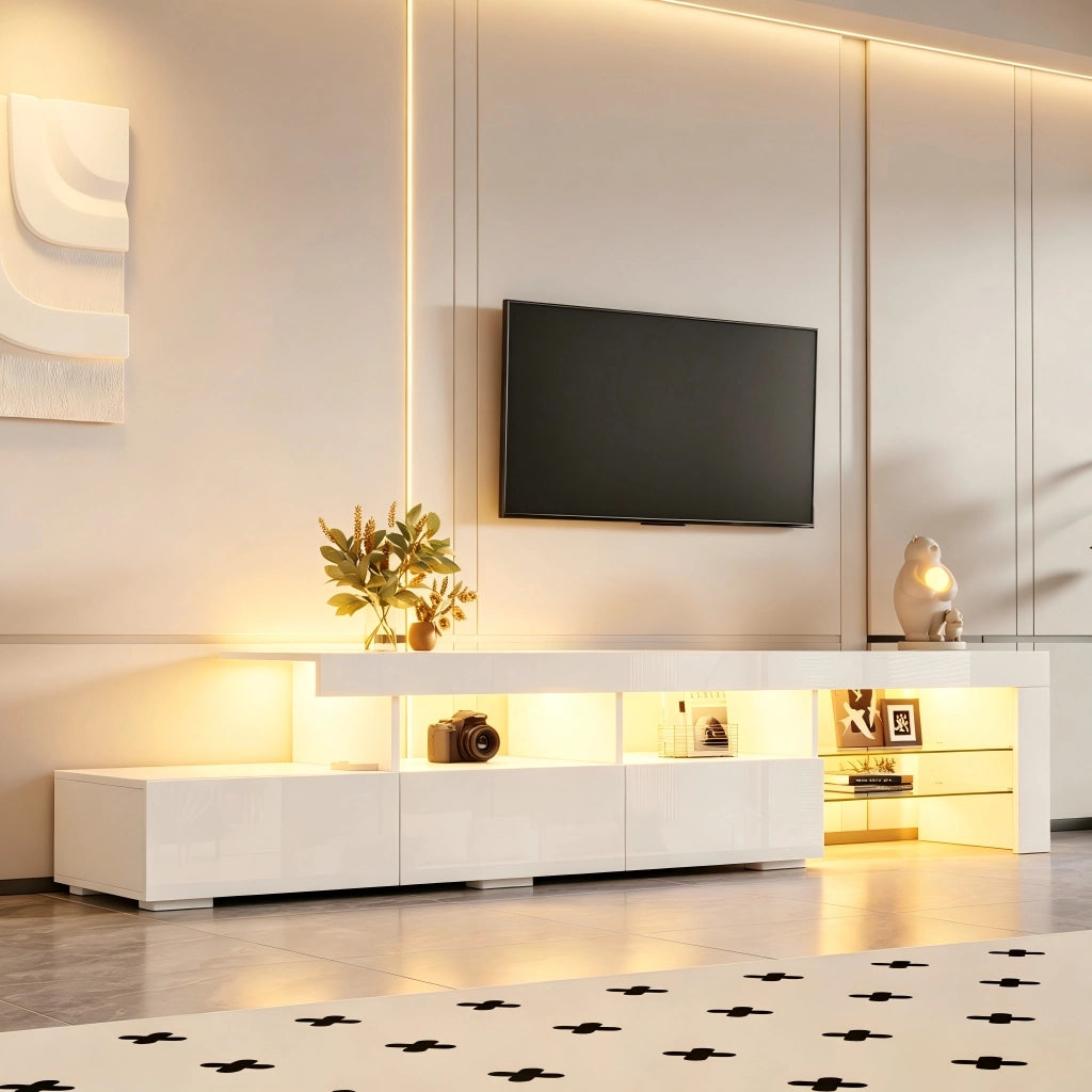 Mobile TV bianco lucido da 180 cm con LED, 3 cassetti, 7 vani e 2 ripiani in vetro