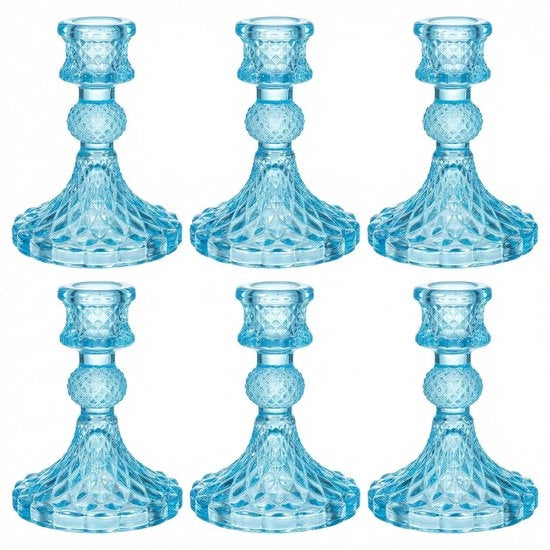 Set di candele a 6 pezzi - candelaia trasparente in vetro - blu - decorazione da tavolo - stabile e sicura - atmosfera elegante - supporto per candele