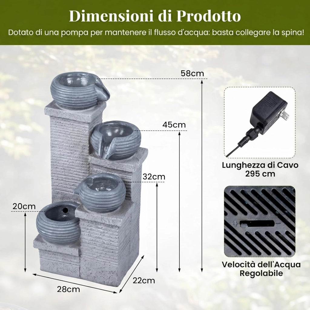Fontana da Giardino a 4 Livelli, Fontana Cascata da Esterno in Resina con 3 Luci LED, Pompa Silenziosa e Velocità Regolabile, Fontanella Decorativa per Terrazze e Cortile, 28 x 22 x 58 cm