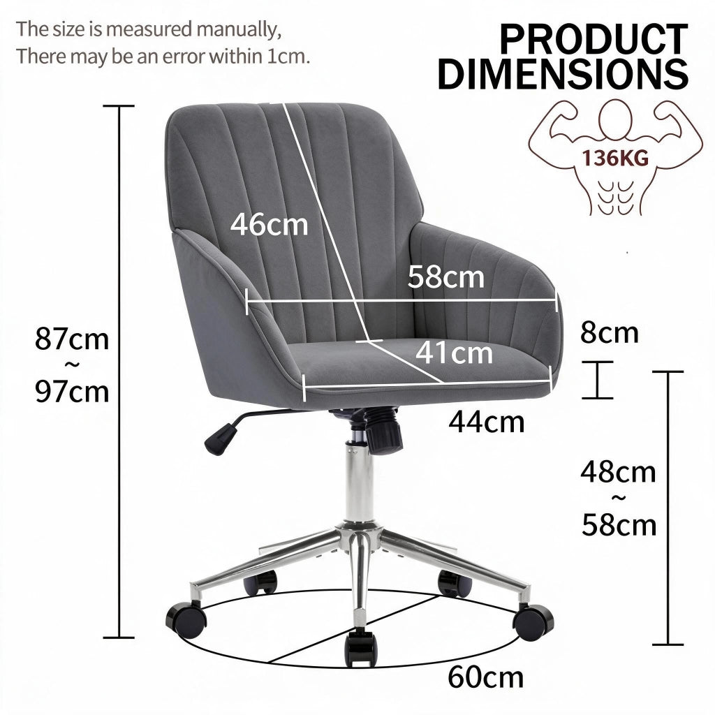 Sedia da ufficio girevole in velluto con altezza regolabile, schienale ergonomico e ruote, per casa e camera da letto, grigio