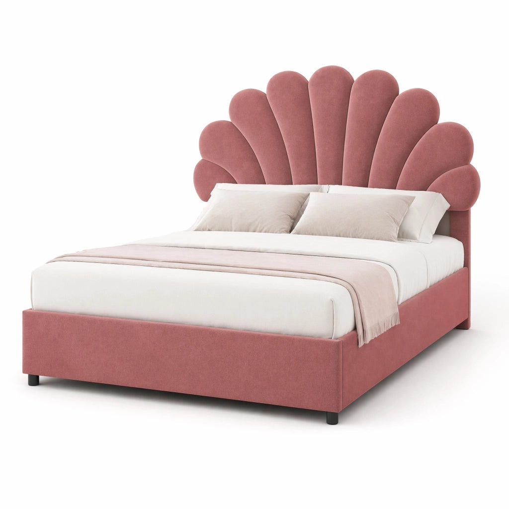 Letto matrimoniale imbottito 140x200 cm in velluto rosa con testiera decorativa e contenitore idraulico