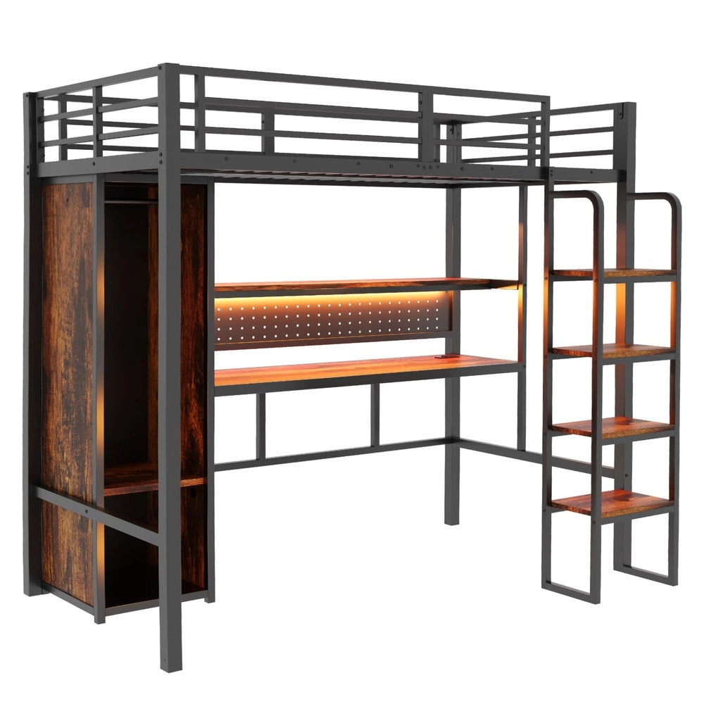 Letto a Soppalco con Scrivania, LED e Scaffale ¨C Xylo ¨C Metallo Nero 90x200