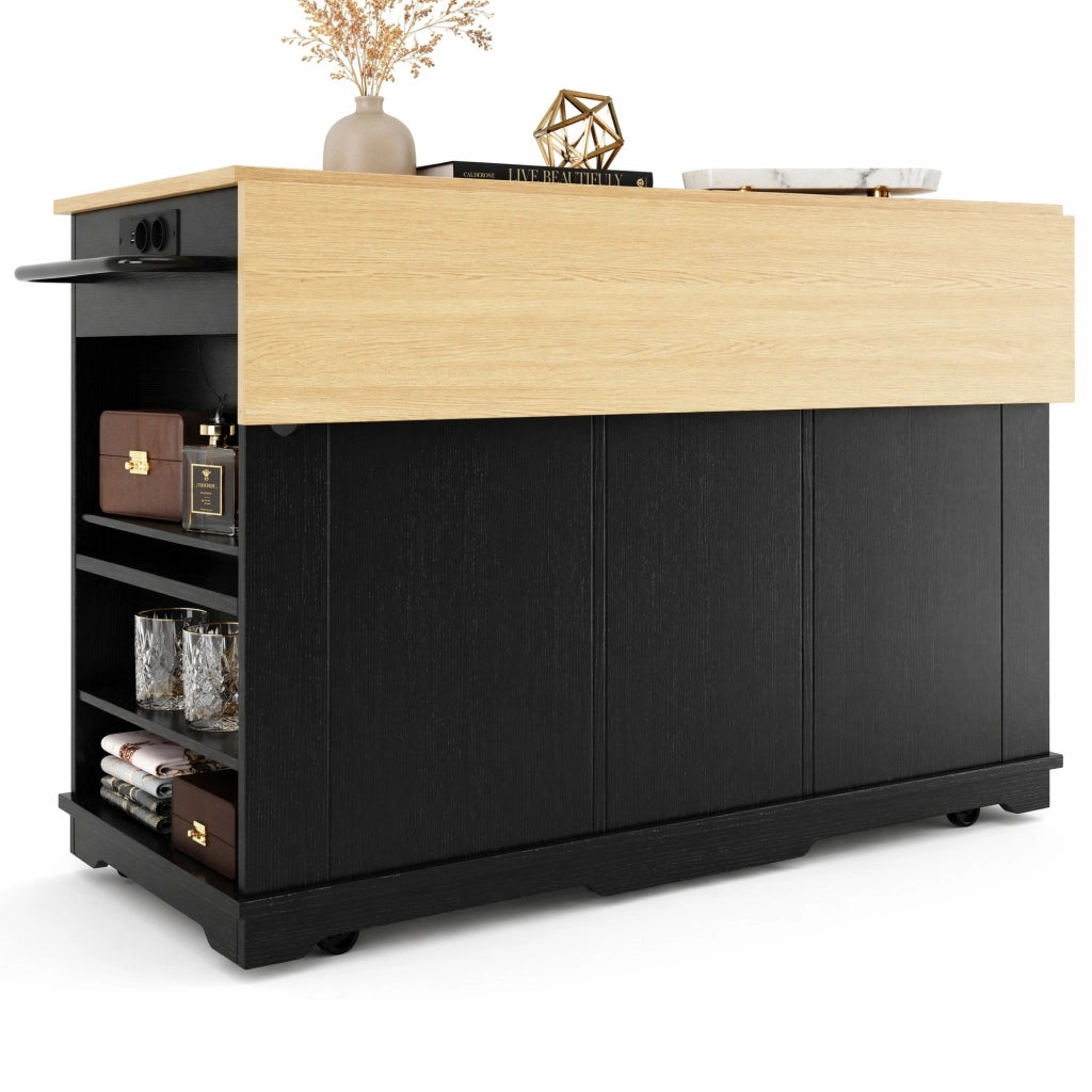 Isola da cucina pieghevole con prese; 2 cassetti e 6 vani; MDF e metallo; nero/naturale