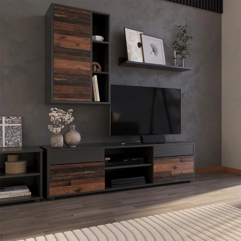Parete attrezzata soggiorno Berno, Nero/antico, 2 parti, per la conservazione di accessori multimediali e l'esposizione di decorazioni