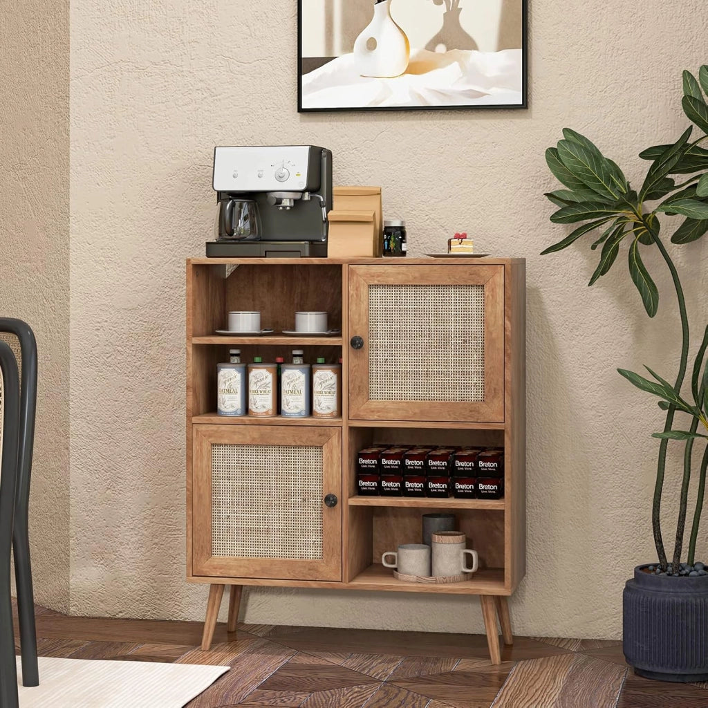 Credenza da cucina con 2 ante in rattan, armadio con 4 ripiani aperti e 2 armadi, 80 x 29,5 x 97 cm, mobile ausiliario per cucina, sala da pranzo, soggiorno