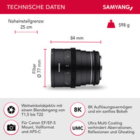 Obiettivo grandangolare per cinema e video MF 24mm T1,5 VDSLR MK2 – luminosità T1,5 per Canon EF Mount, Lunghezza focale fissa, full-frame e APS-C, risoluzione 8K