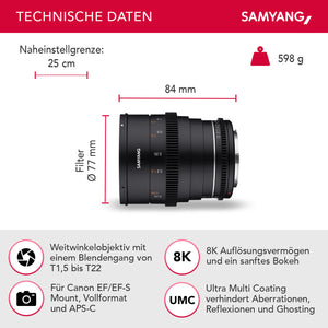 Obiettivo grandangolare per cinema e video MF 24mm T1,5 VDSLR MK2 – luminosità T1,5 per Canon EF Mount, Lunghezza focale fissa, full-frame e APS-C, risoluzione 8K