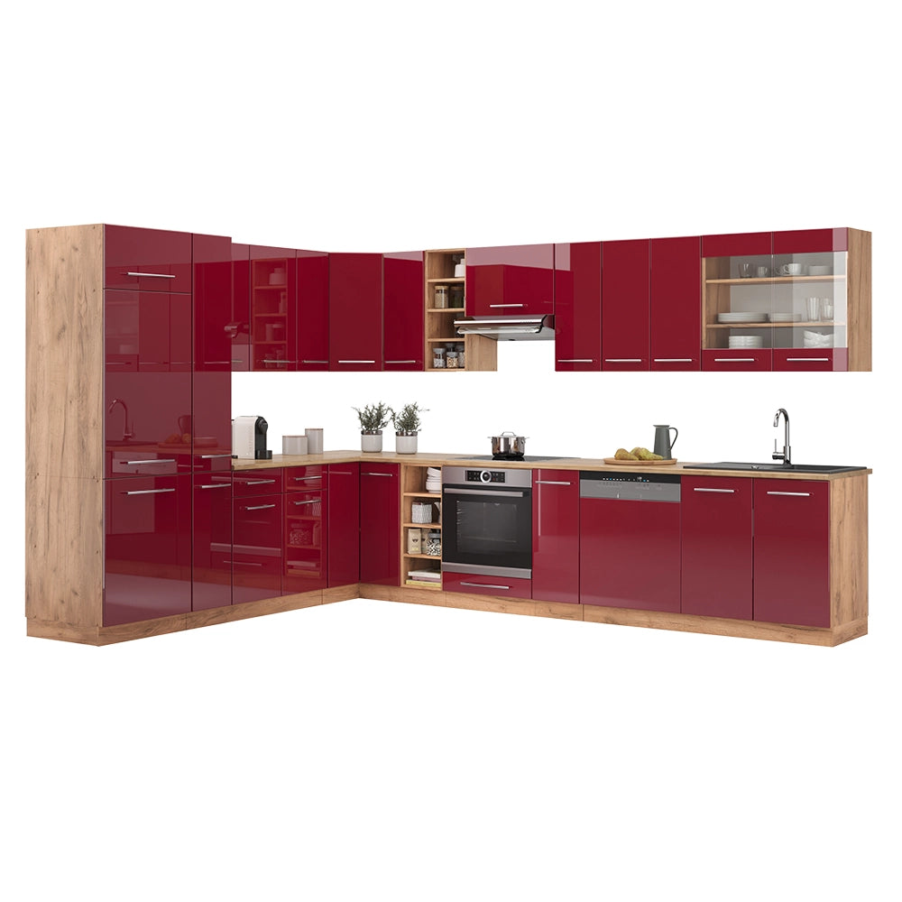 Cucina angolare completa Fame-Line Bordeaux lucido/Rovere dorato 347 x 60 cm, PL Marmo Vicco
