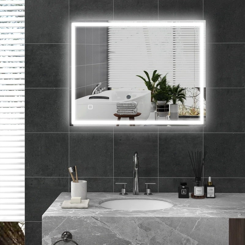 Specchio da bagno LED 90x70 cm con luce a 3 colori, funzione antiappannamento e touch, argento