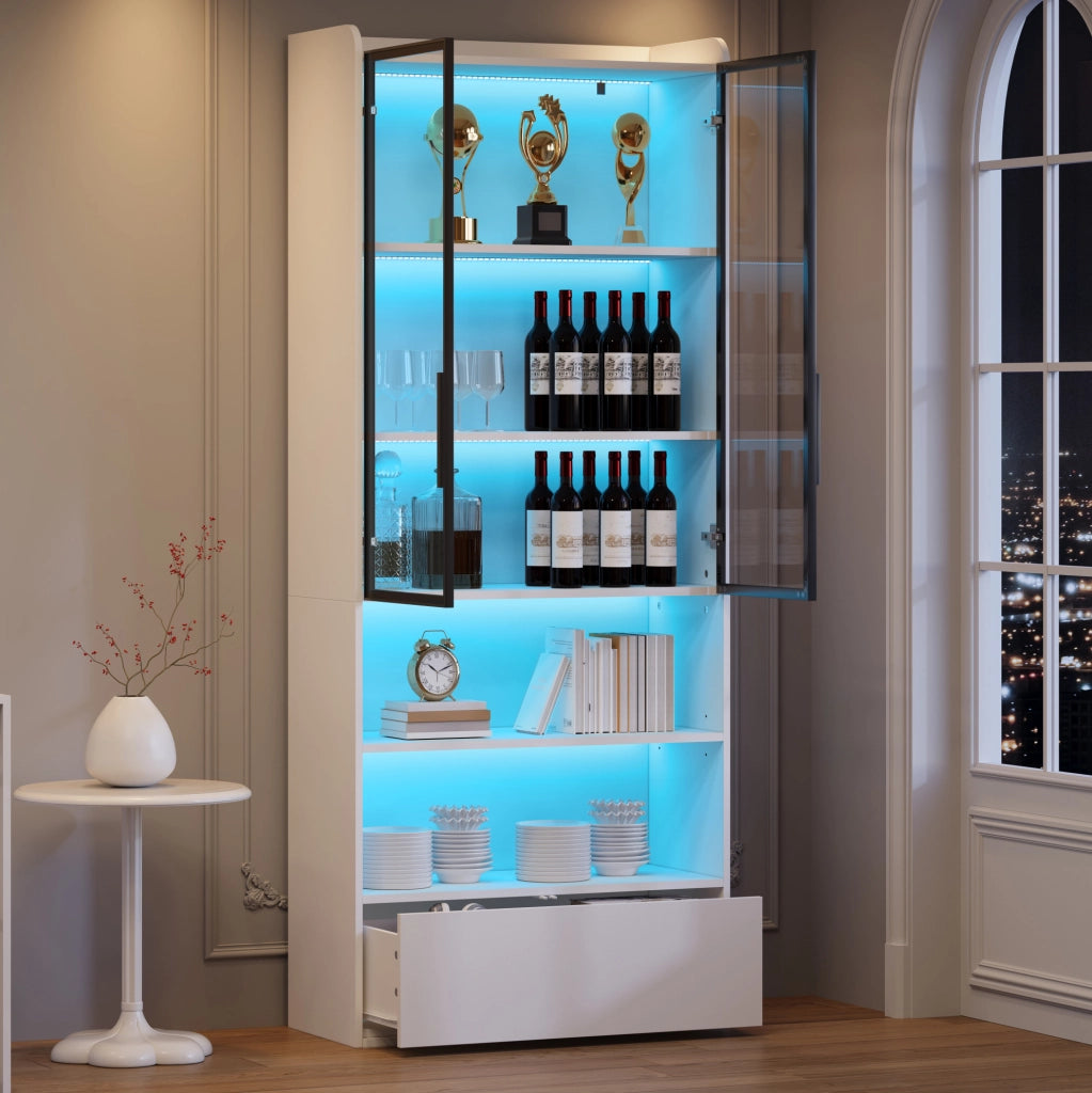 Vetrina alta bianca con LED, cassetto e ante in vetro