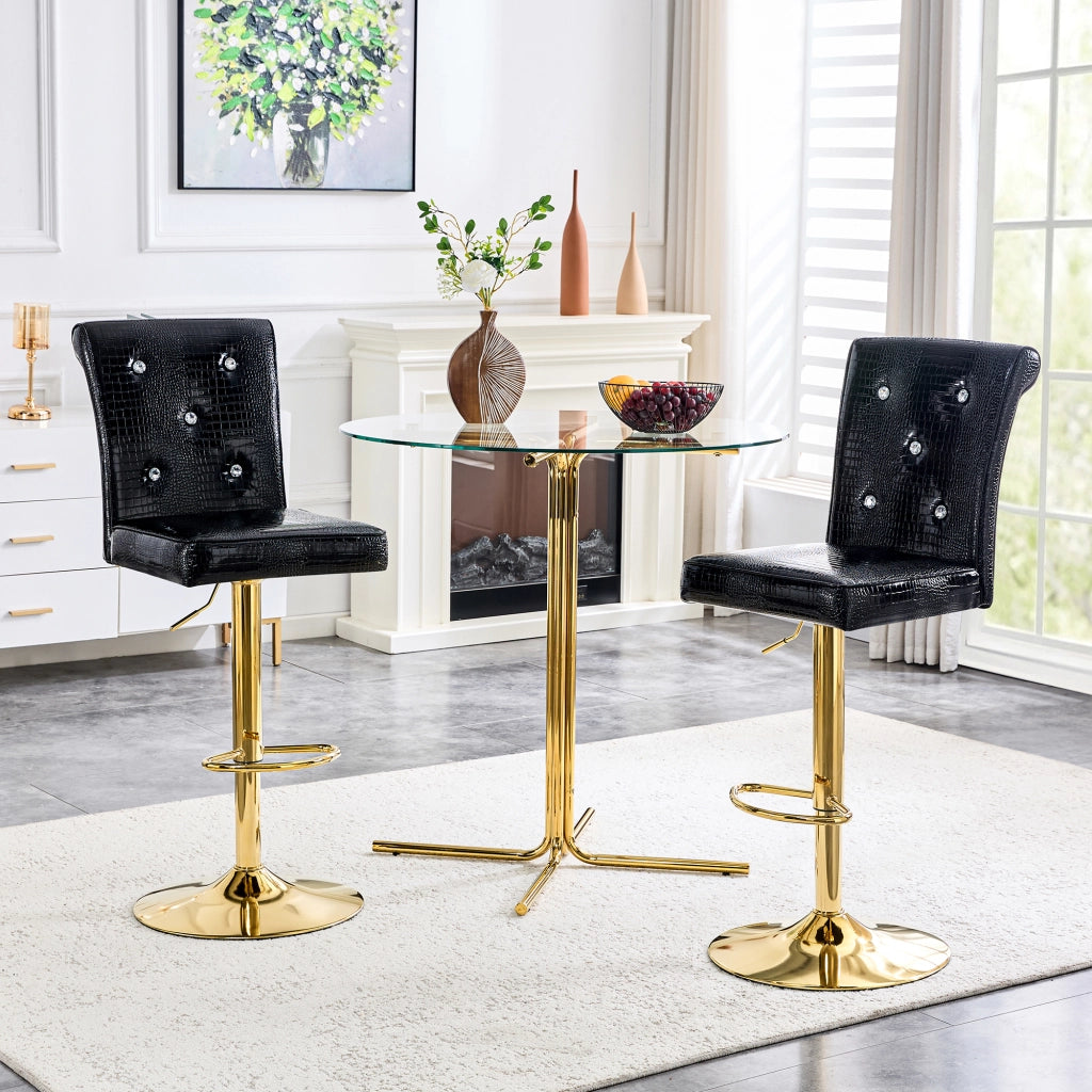 Set di 2 Sgabelli da Bar con Dettagli a Bottone Cristallo; per Cucina e Sala da Pranzo; PVC; Nero