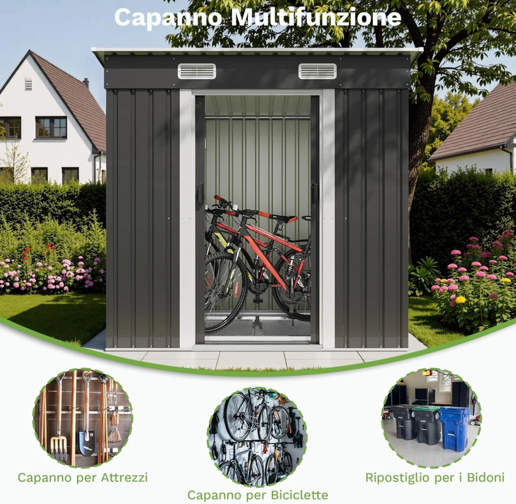 Capanno per attrezzi Devoko in metallo 183x109x182 cm con basamento, capanno da 3,6 m³ con tetto a una falda e porta scorrevole, capanno da giardino per biciclette, terrazza, prato, antracite
