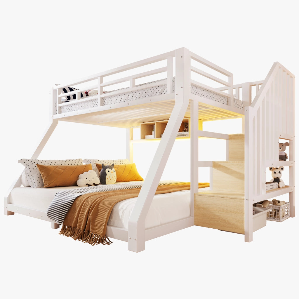 Letto a castello in metallo 90x200/140x200 cm con scala contenitore; 3 vani; LED e certificazione EN747; bianco