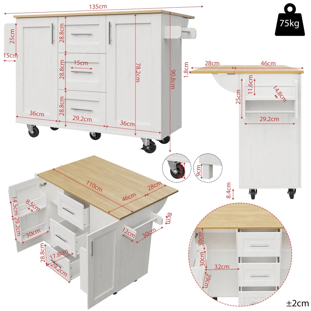 Carrello da Cucina con Piano di Lavoro ¨C MINIMAL ¨C Bianco, Legno, Ruote Rimovibili
