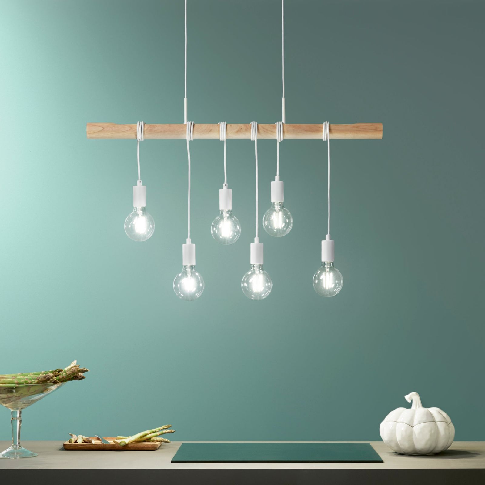 LAMPADARIO ARIZONA IN LEGNO PINO E METALLO BIANCO CON 6 LAMPADE  ATTACCO E27 CM.90X180H.