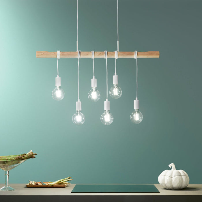 LAMPADARIO ARIZONA IN LEGNO PINO E METALLO BIANCO CON 6 LAMPADE  ATTACCO E27 CM.90X180H.