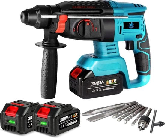Apparecchio a percussione - 4 stazioni - Inclusi due batterie 18V e 8 set di puntoni - Adatto per batterie 18V - Triggers con velocità variabile - Manico - Blu