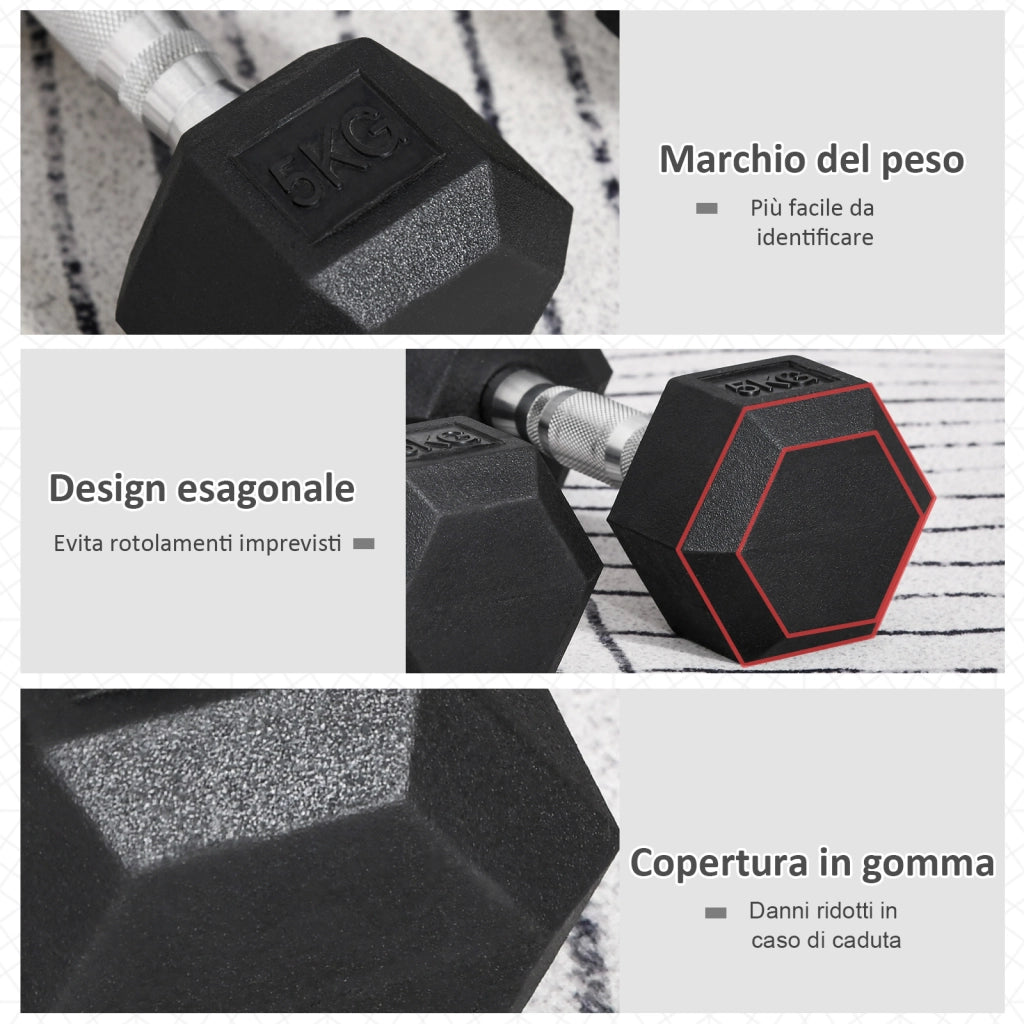 Manubri Esagonali da Palestra 5kg ¨C zephmum ¨C Gomma Antiscivolo Nero