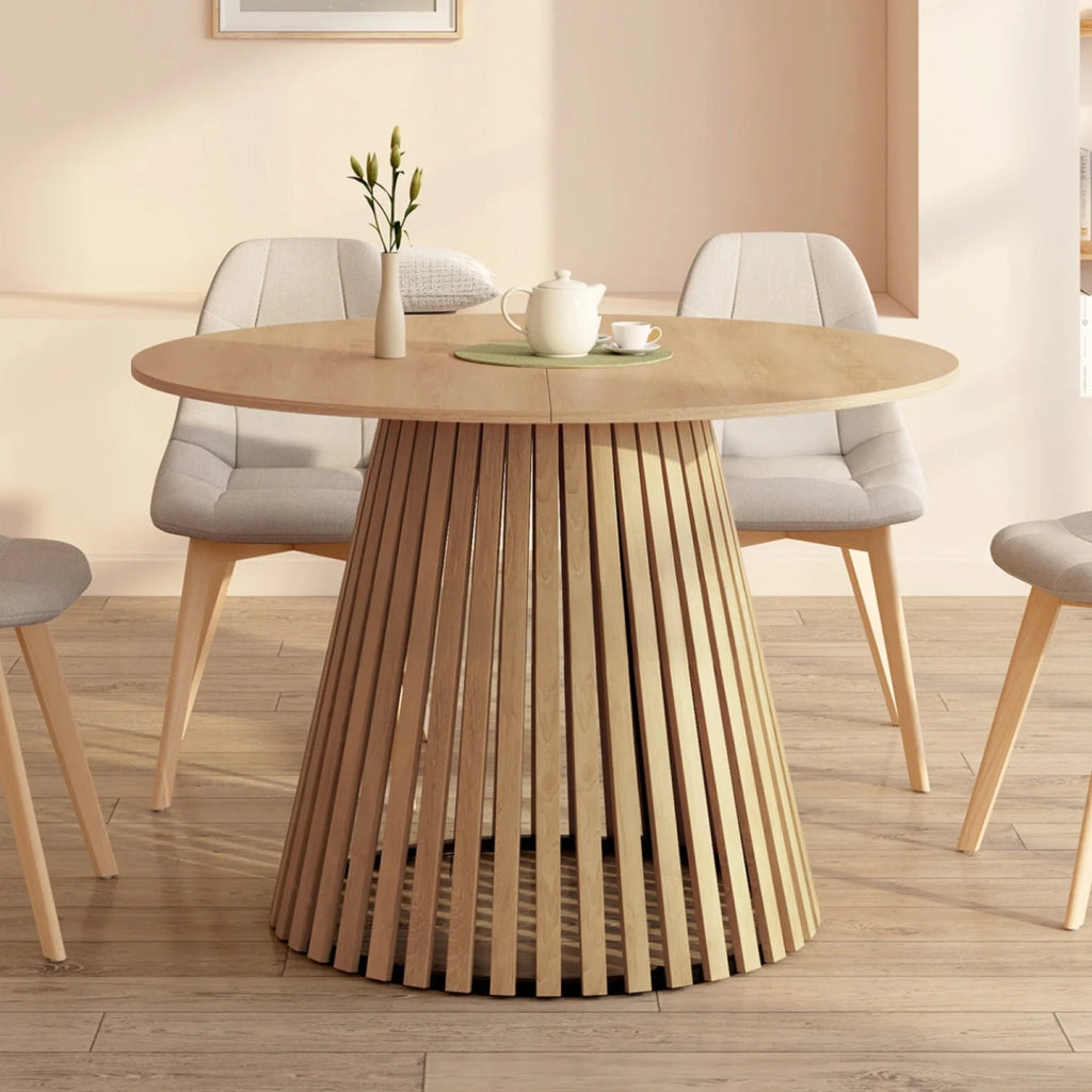 IDMarket - CARMEN tavolo da pranzo rotondo allungabile 4-8 persone con gambe a doghe in legno e piano in legno da 110 a 150 cm