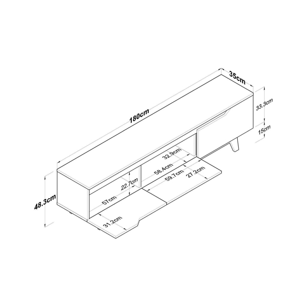 Mobile porta TV Apatite, Credenza da soggiorno, Armadio basso per TV, Base parete attrezzata, 180x35h49 cm, Bianco e Rovere
