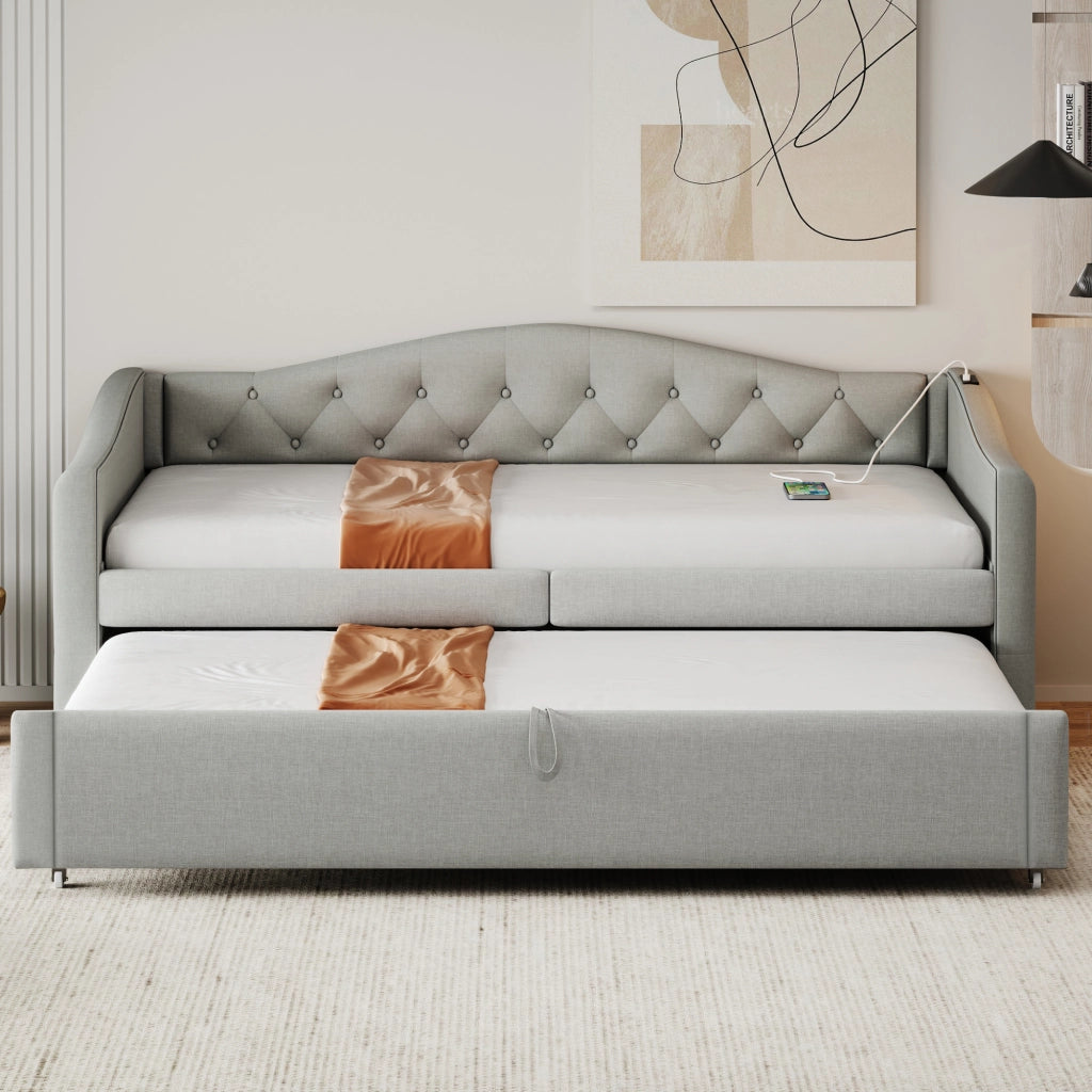 Letto divano 90 × 200 cm con porta USB, letto estraibile, senza materasso, in tessuto effetto lino, grigio