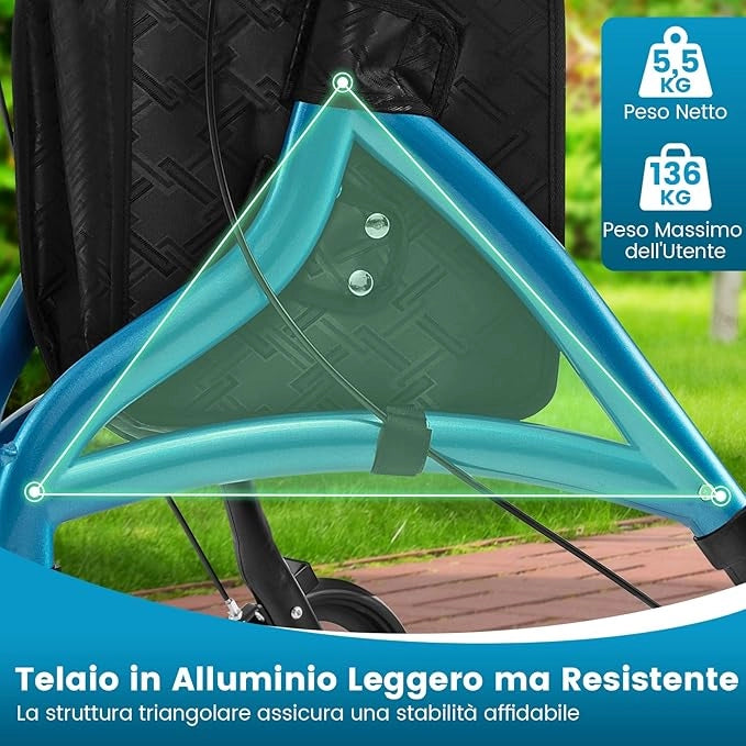 Deambulatore per Anziani in Alluminio Ultraleggero a 3 Ruote, Rollator per Anziani Pieghevole e Regolabile in 6 Livelli 86-96 cm con Borsa e Ruote Bloccabili, Portata 136 kg (Blu)