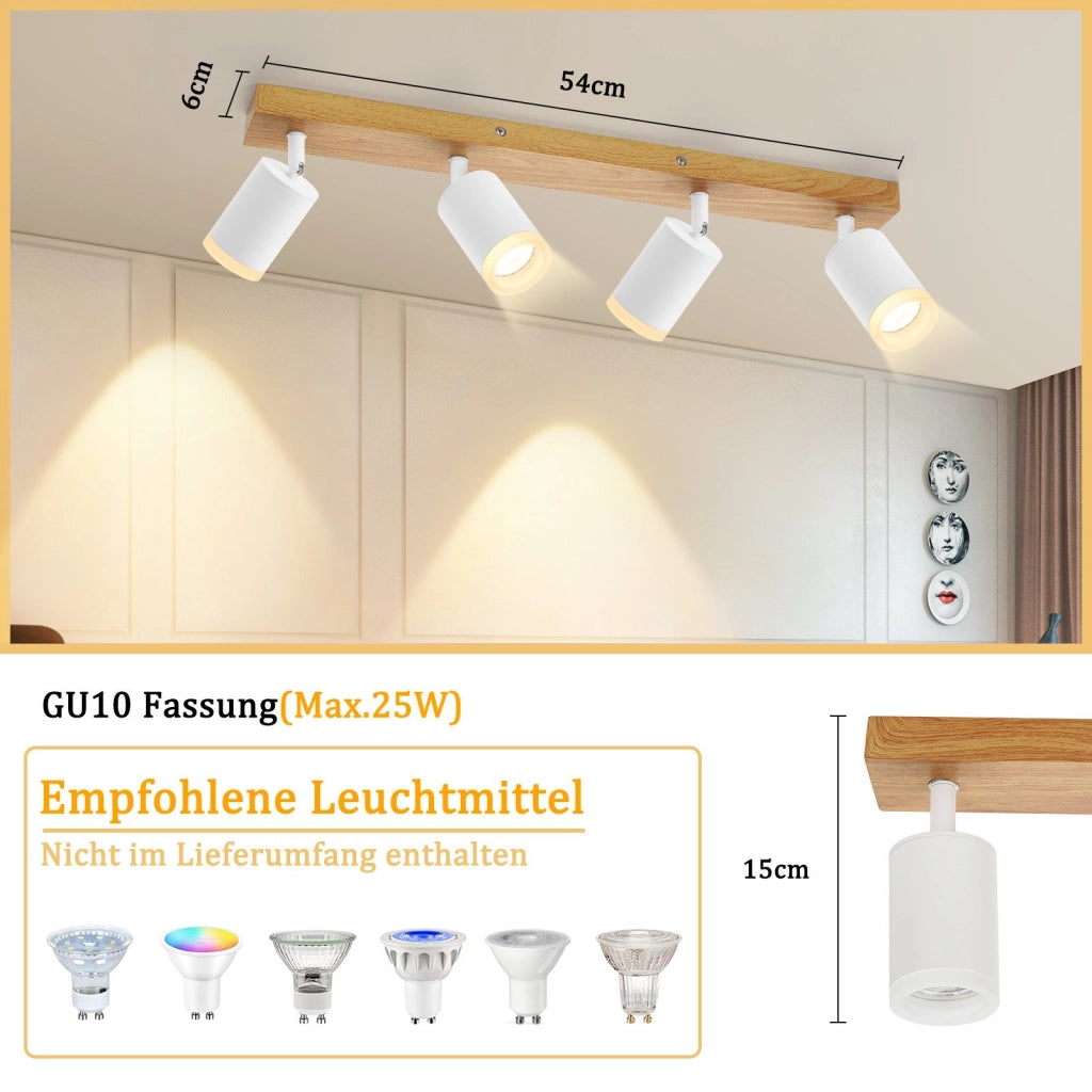 ZMH Faretto da soffitto 4 luci GU10 legno acrilico orientabili 350° per soggiorno