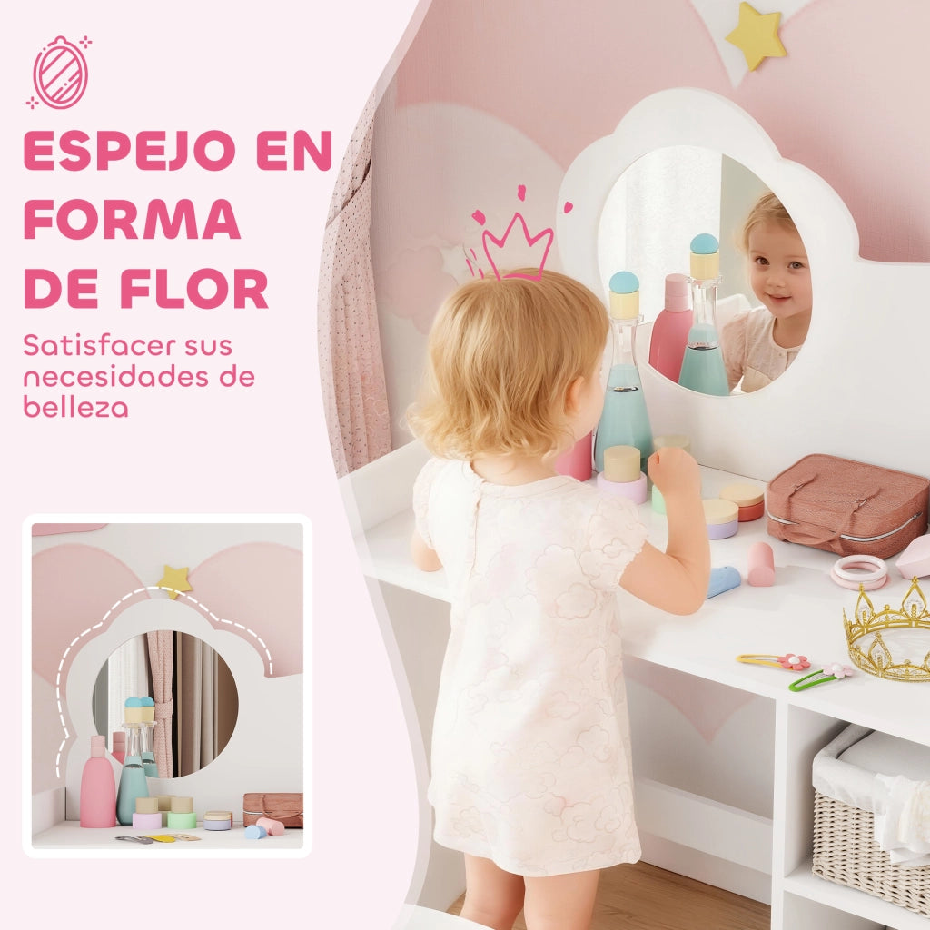 Scrivania Trucco Bambini 2 in 1 con Specchio Sgabello Scaffale ¨C Xylo ¨C Bianco