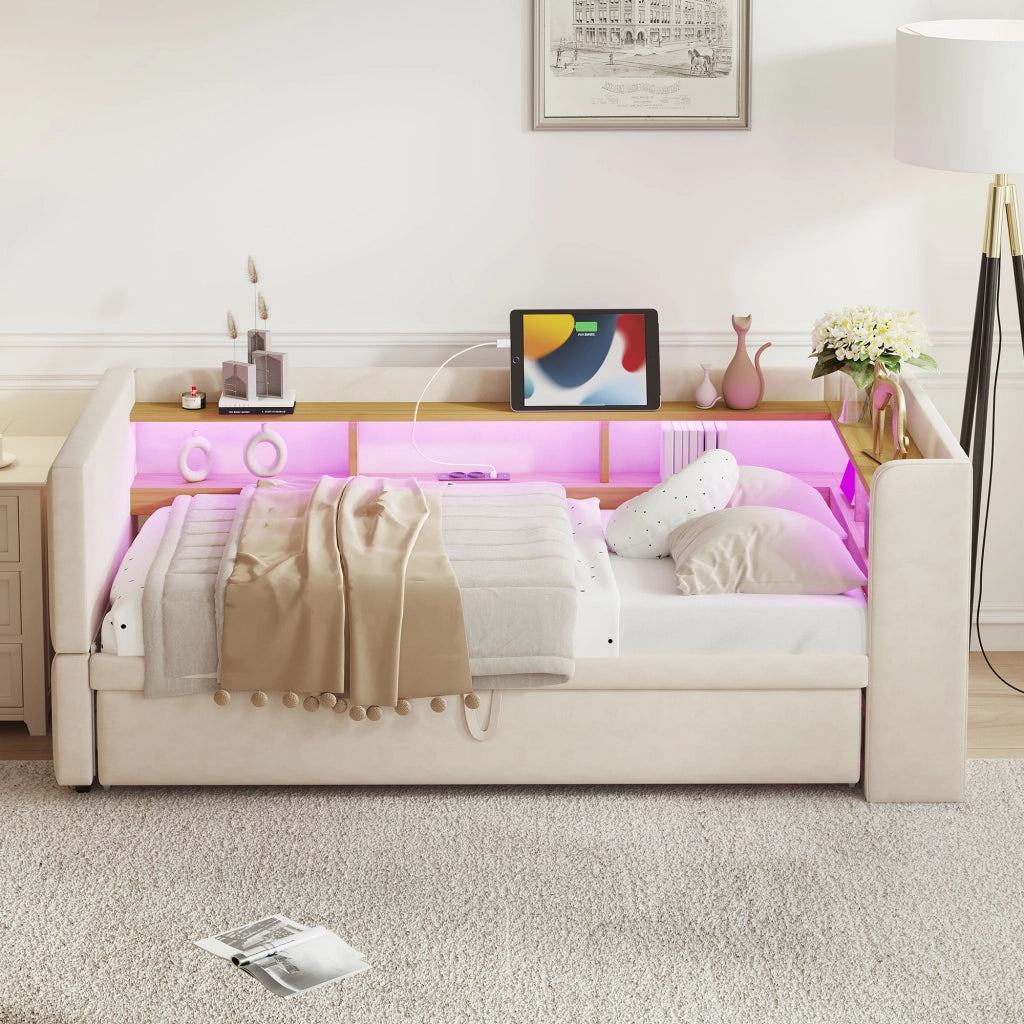 Letto divano estraibile in flanella beige 90/180x190 cm
