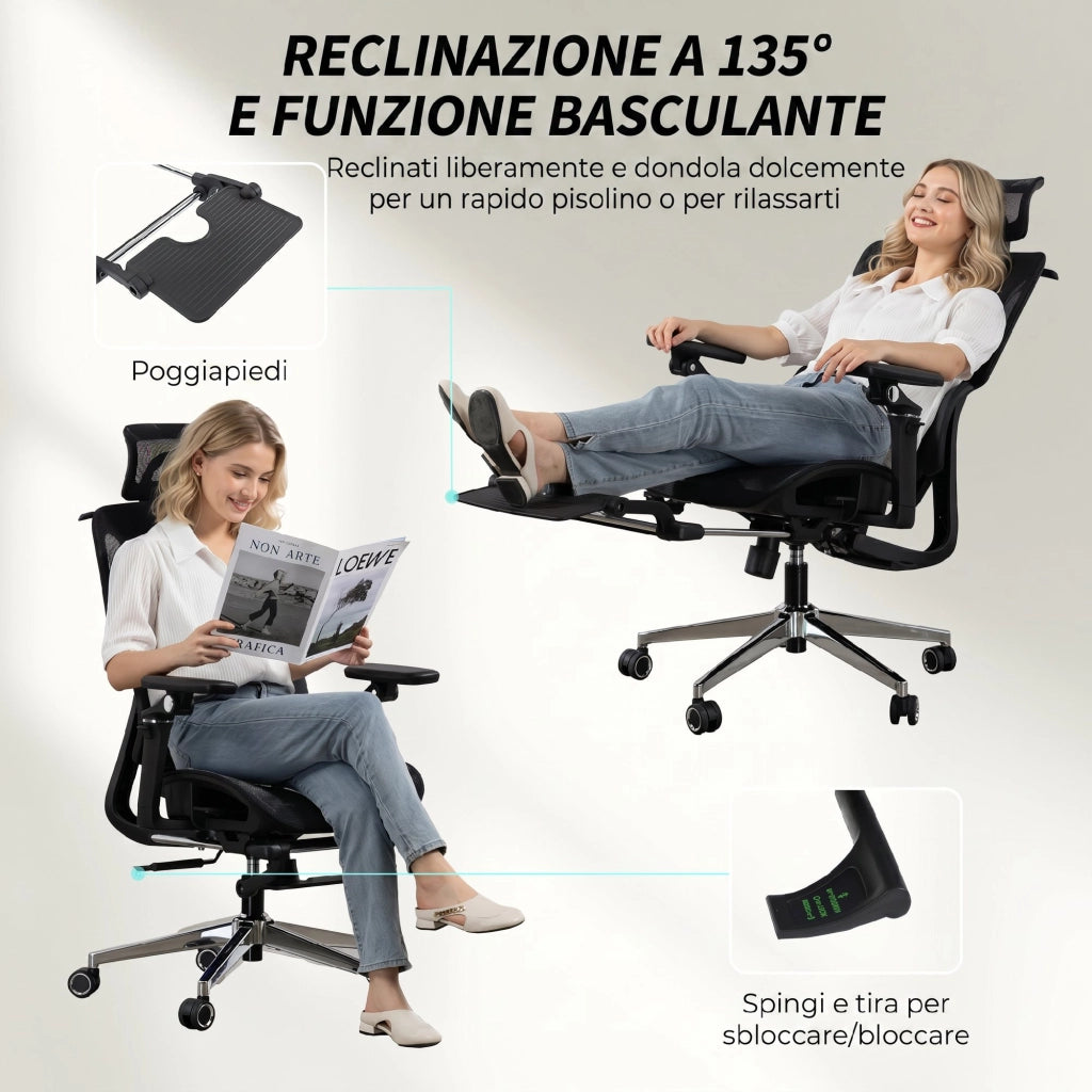 Sedia da Ufficio Ergonomica con Braccioli Poggiatesta Schienale Regolabili Funzione Dondolo in Rete Nero