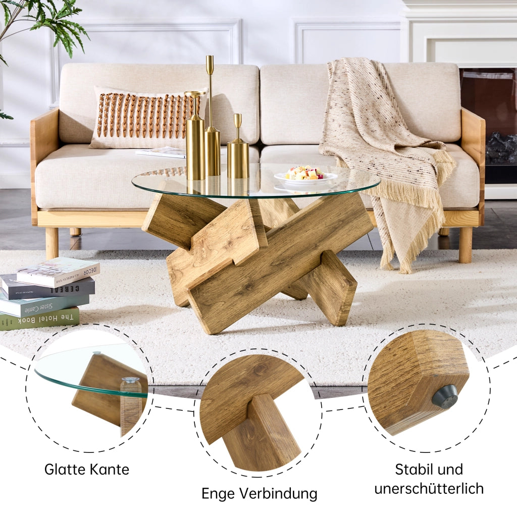 Tavolino da caffè rotondo con base a croce - per soggiorno - in MDF e vetro - 79×45 cm - trasparente e legno