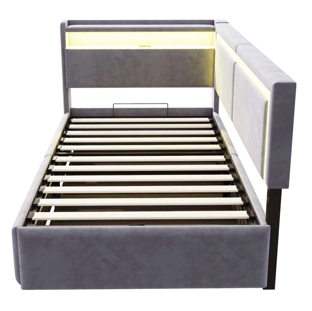 Letto imbottito multifunzionale 90x200 cm con contenitore, LED e USB