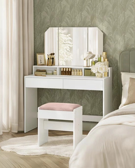 Tavolo di trucco moderno con specchio ripiegabile – 2 cassetti e 3 contenitori aperti – tavolo di trucco pratica per camera da letto