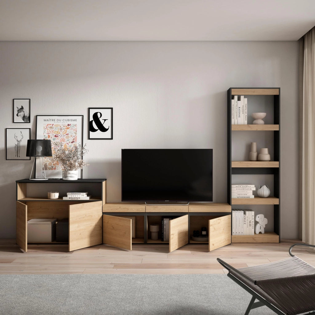 Mobile TV, Soggiorno, 310x35x186cm, Per TV fino a 65", Set di mobili, colore Rovere e nero RF3151