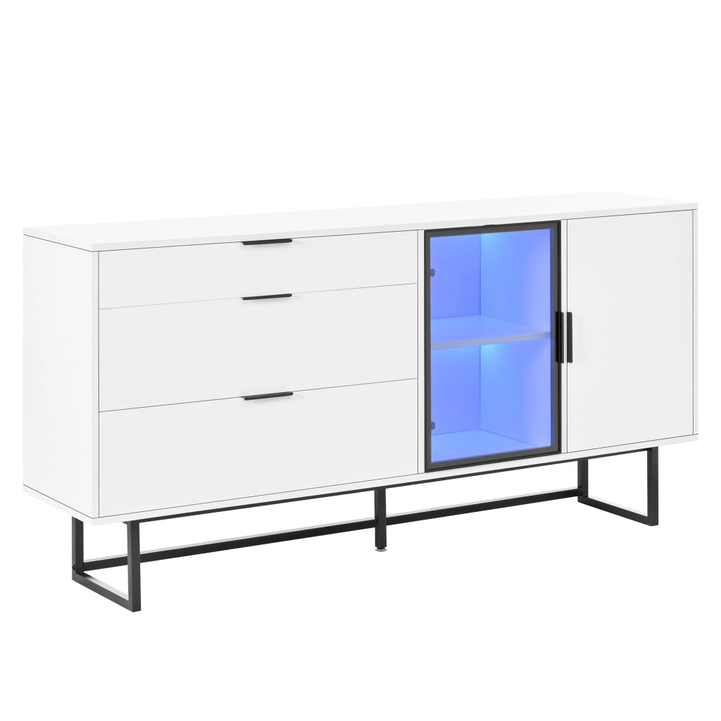 Sideboard moderno bianco 160x36x78 cm con LED; vetrina e tre cassetti
