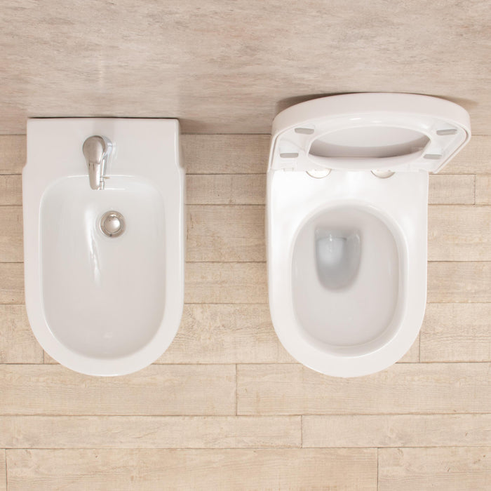 Coppia di Sanitari WC e Bidet  a Terra Filo Muro in Ceramica Bianchi