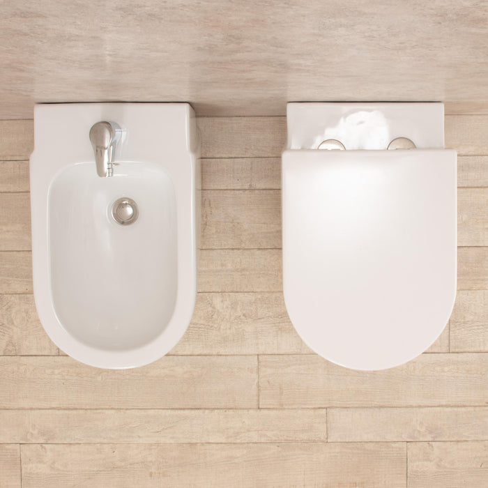 Coppia di Sanitari WC e Bidet  a Terra Filo Muro in Ceramica Bianchi