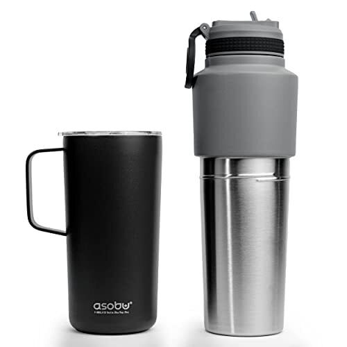 Asobu Twin Pack Bottiglia con Tazza Nero 0.9 Litri  0.6 Litri