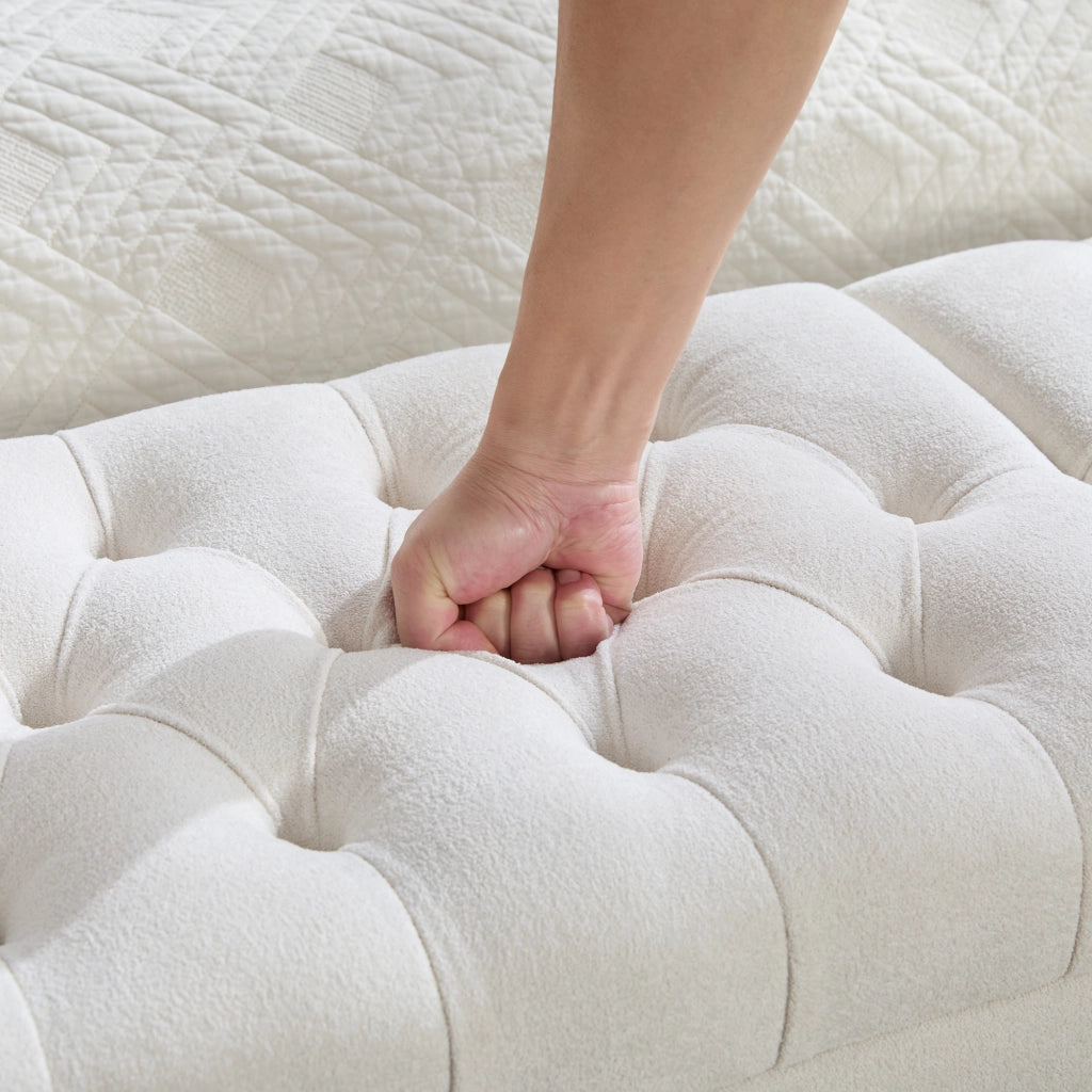 Panca da letto, panca per cambiarsi le scarpe, con vano portaoggetti, rivestimento in similpelle scamosciata, con braccioli, gambe in legno di gomma, beige