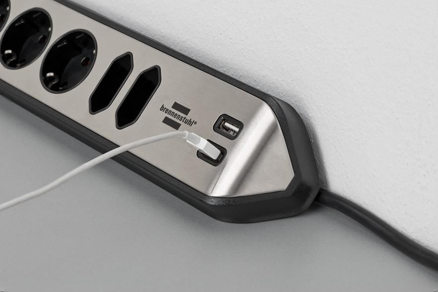 Brennenstuhl 1153590610 prolunghe e multiple 2 m 6 presa(e) AC Interno Nero, Argento