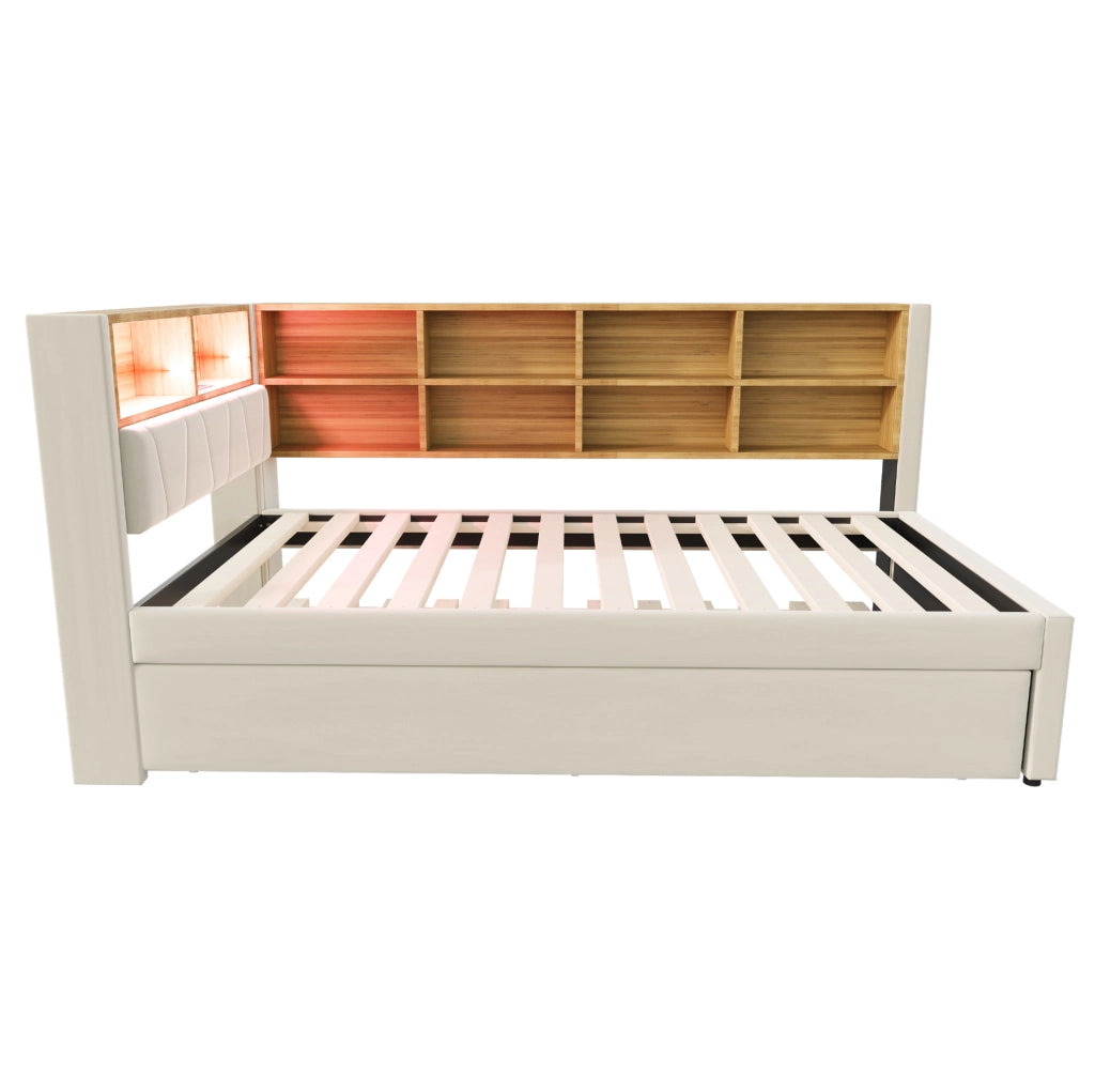 Divano letto multifunzione 90x200 cm con letto estraibile 90x190 cm; LED; USB; beige