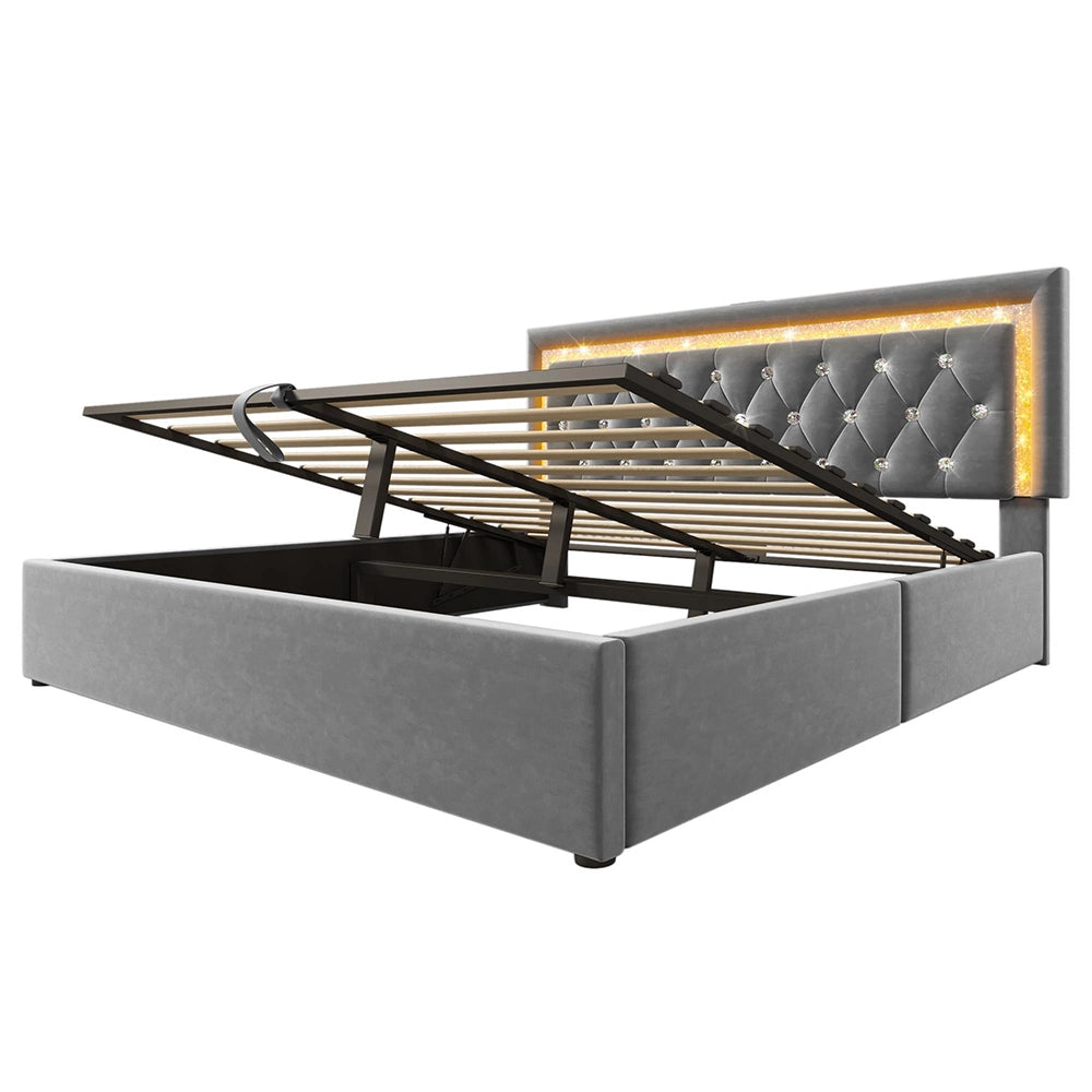 Letto imbottito-Xylo-160x200cm LED diamante USB-C idraulico velluto grigio con materasso